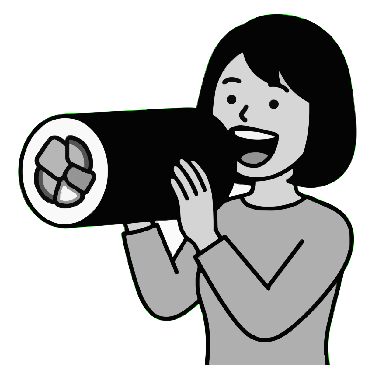 お知らせをする女性のイラスト無料ダウンロード（モノクロ）