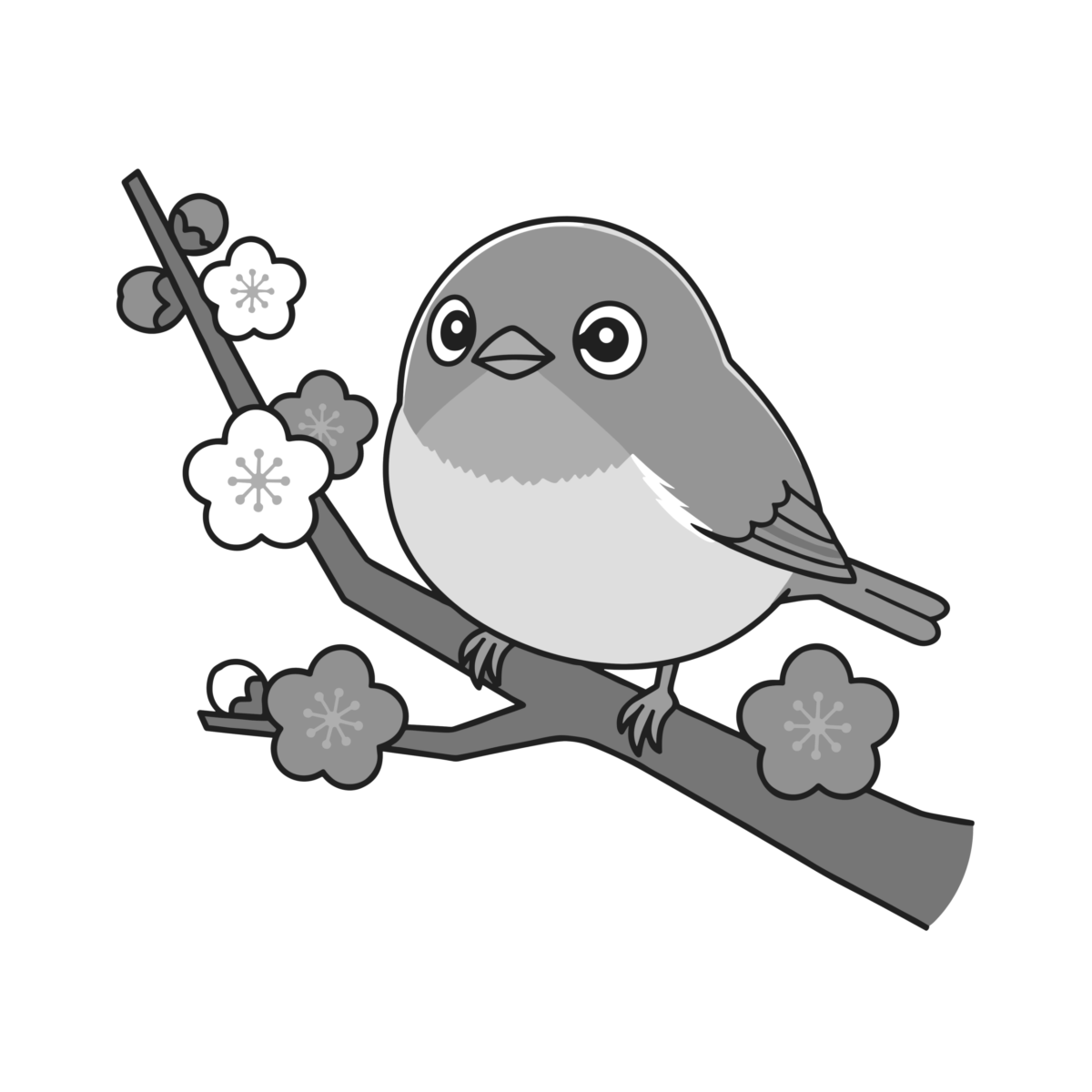 メジロと梅の花のイラスト無料ダウンロード（モノクロ）