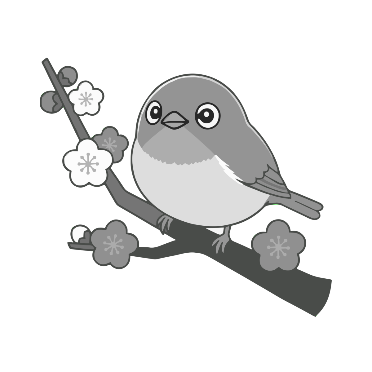 メジロと梅の花のイラスト無料ダウンロード(モノクロ)