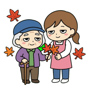 紅葉狩りに出かけるお年寄りと職員のイラスト（秋）