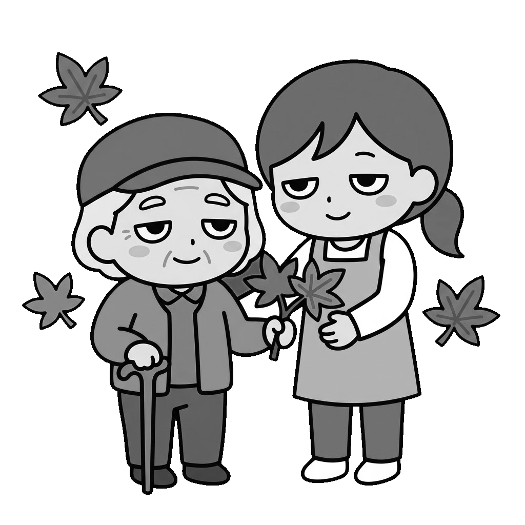 紅葉狩りに出かけるお年寄りのかわいいイラスト(モノクロ)