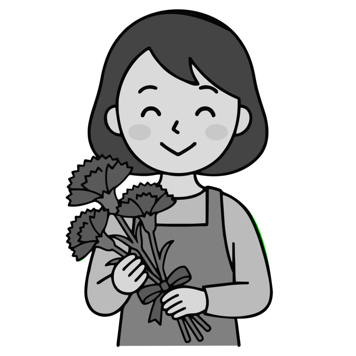 ママがカーネーションの花束を持つのイラスト無料ダウンロード（モノクロ）