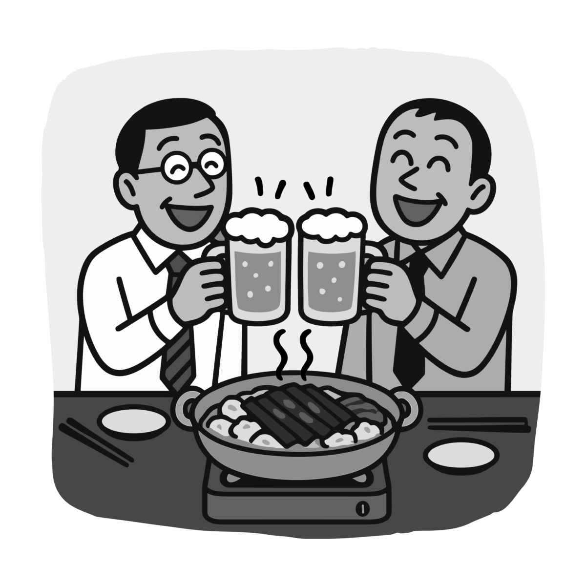 サラリーマンのもつ鍋のイラスト無料ダウンロード（モノクロ）