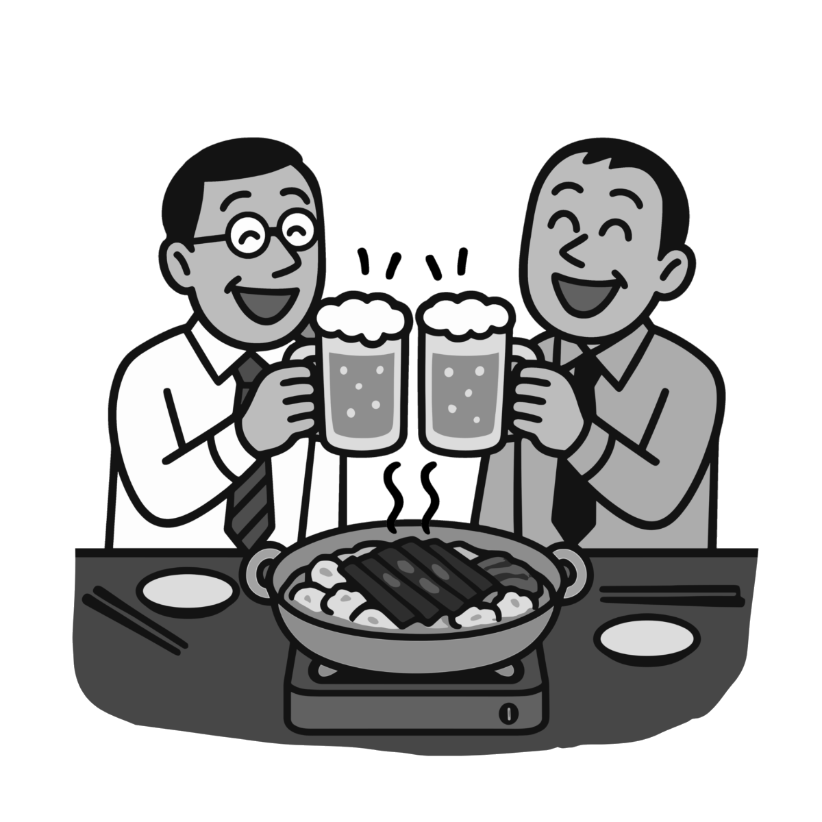 サラリーマンのもつ鍋のイラスト無料ダウンロード（モノクロ）