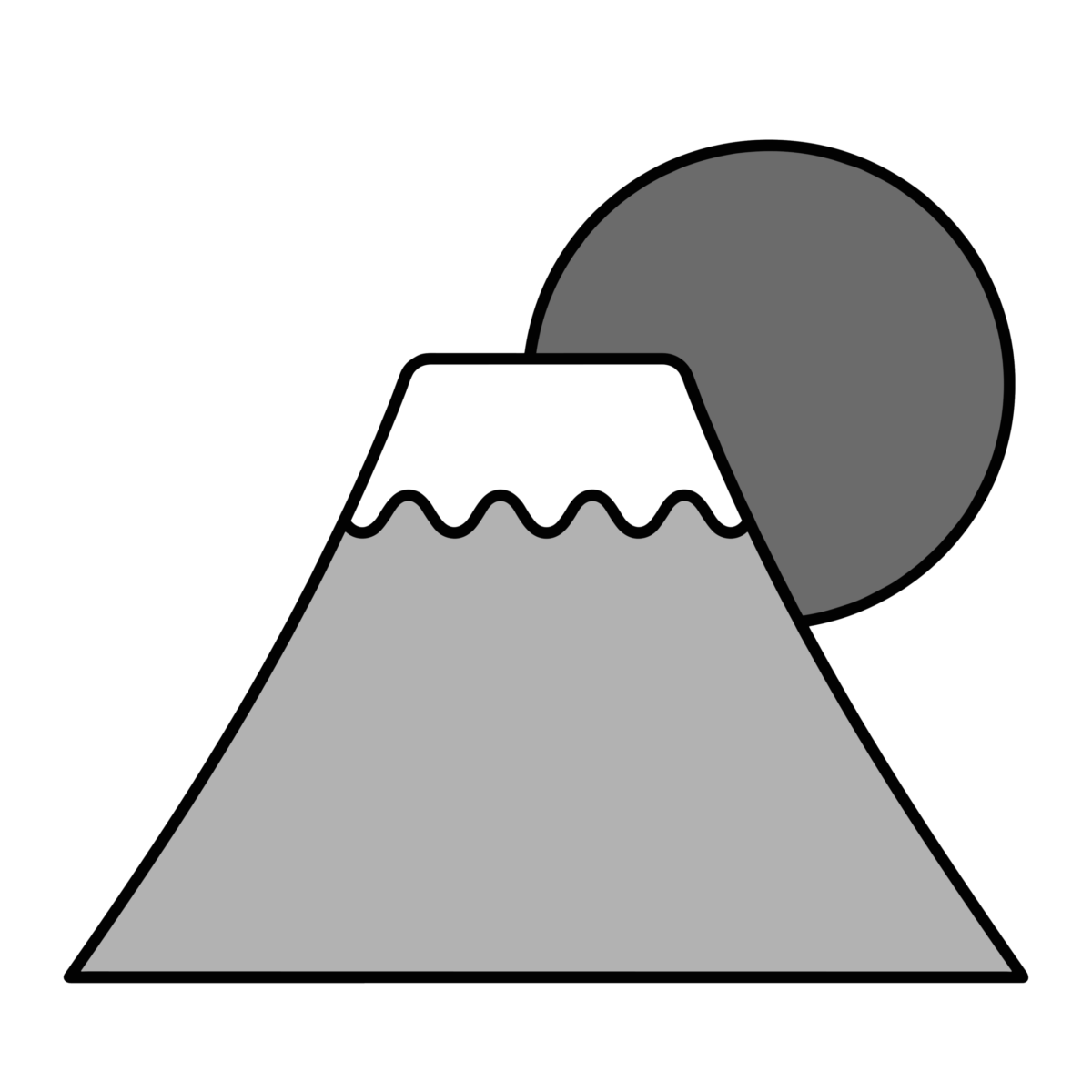富士山と初日の出のイラスト無料ダウンロード（モノクロ）