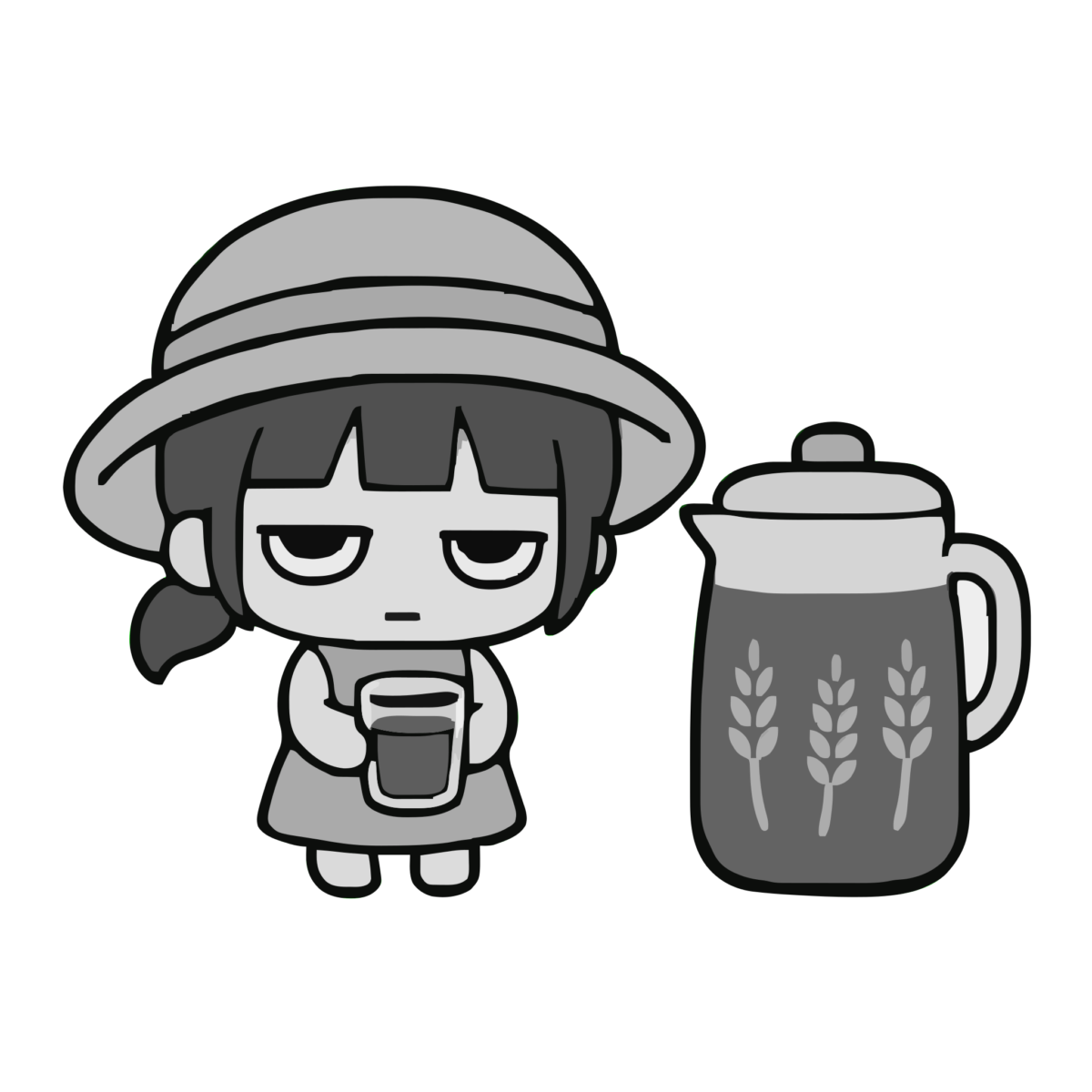 麦茶のかわいいイラスト（夏）（モノクロ）