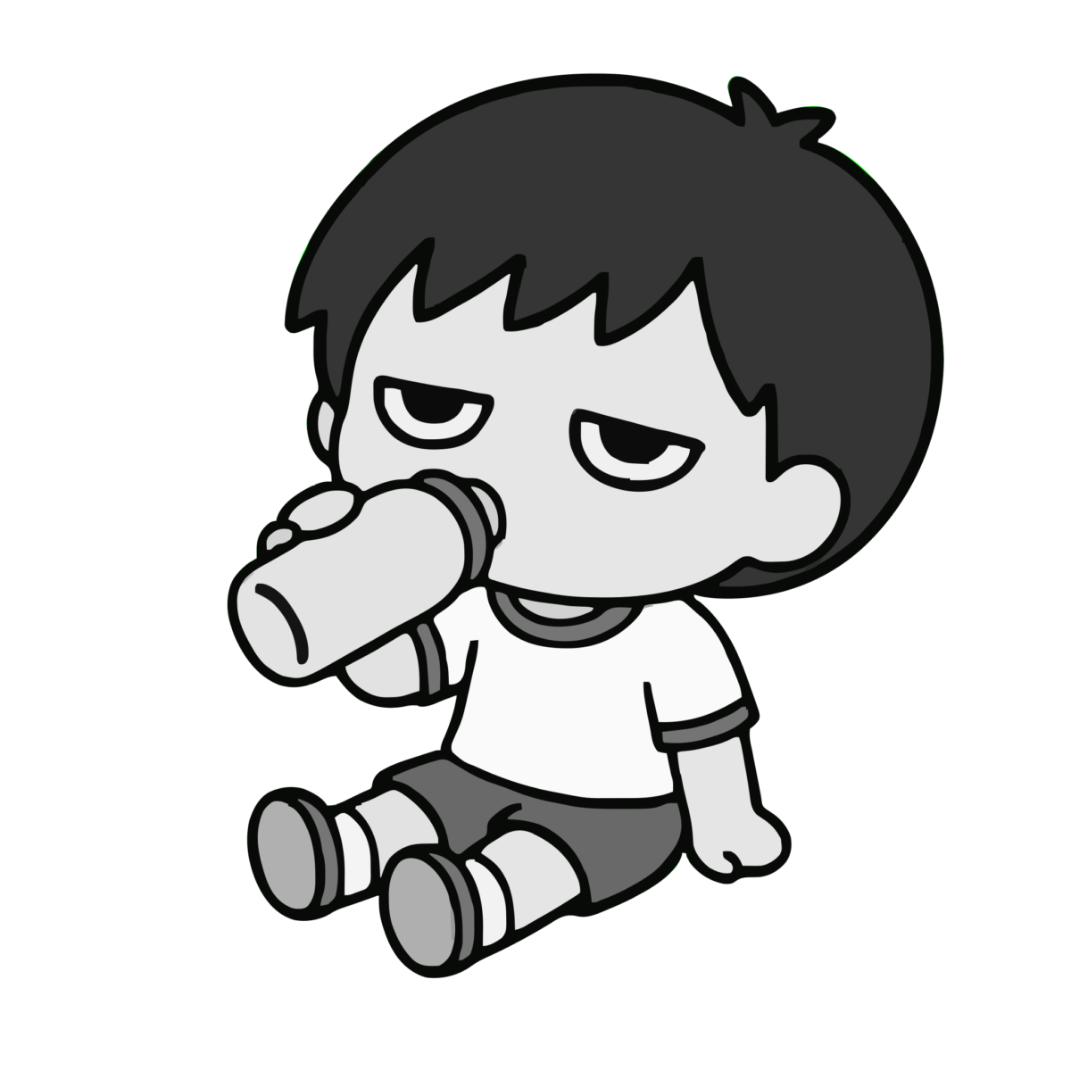 熱中症予防のかわいいイラスト(水分補給する子ども)(モノクロ)