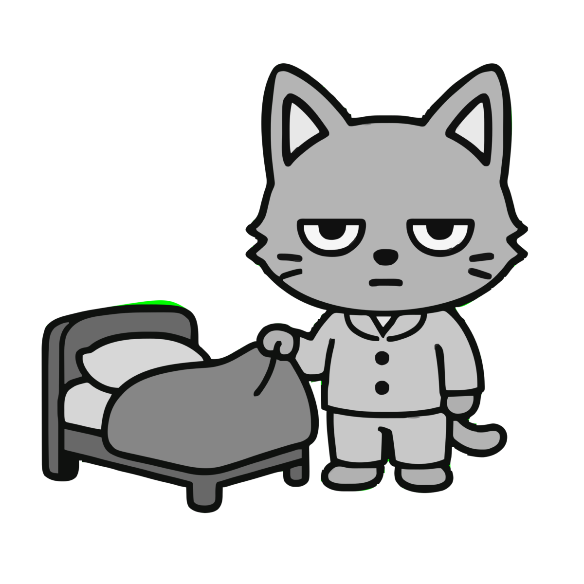 夜に寝る準備をするネコのかわいいイラスト(モノクロ)
