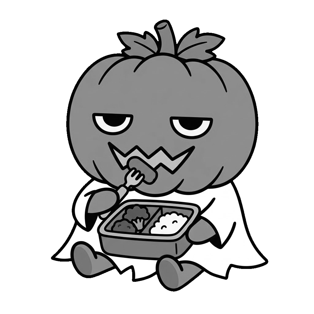 おべんとうを食べるかぼちゃのおばけのイラスト（モノクロ）