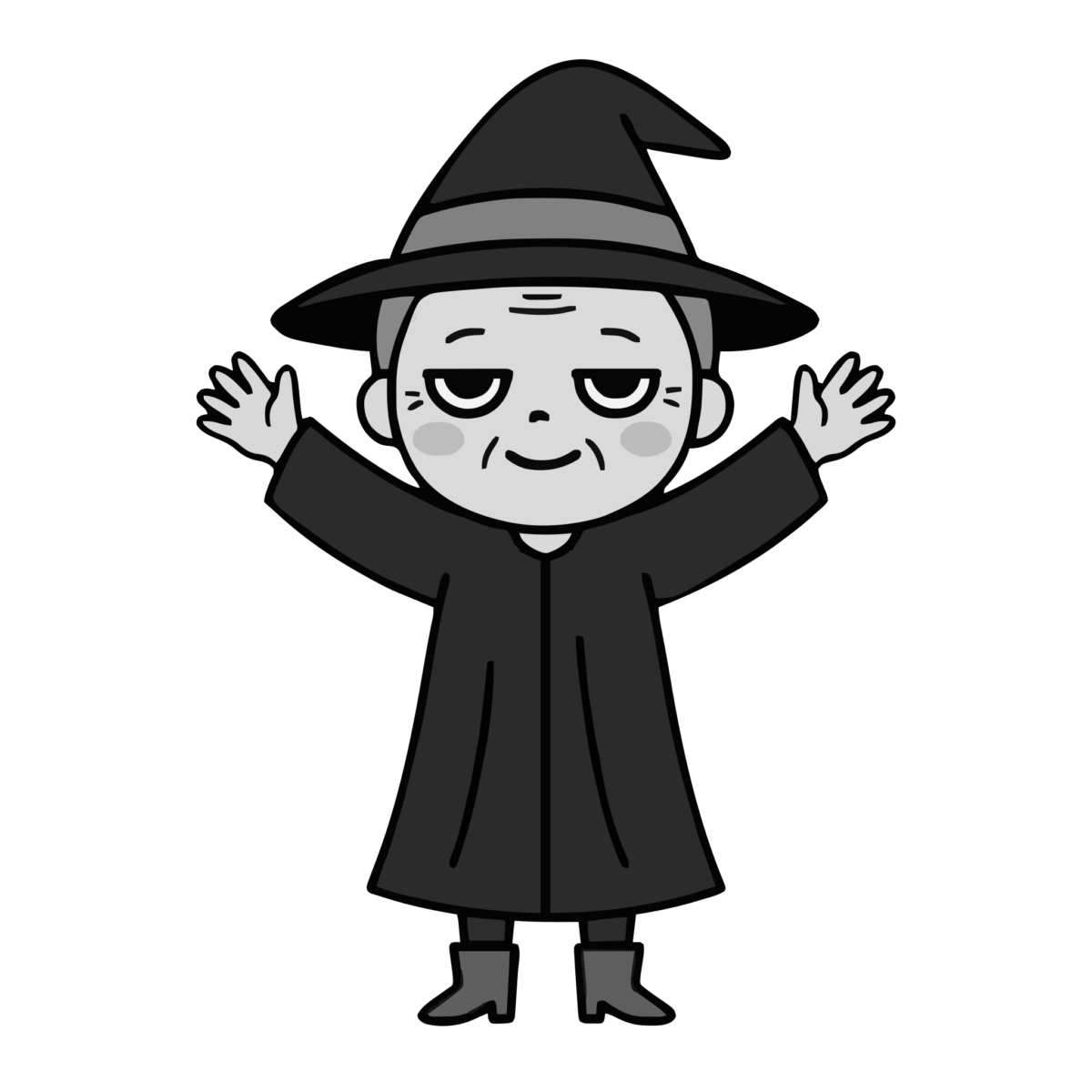 魔女が体操しているところのかわいいイラスト(モノクロ)