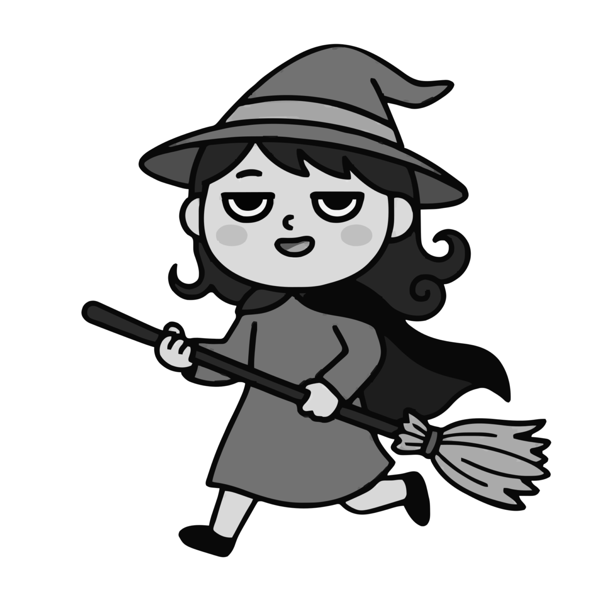 魔女が走っているところのかわいいイラスト(モノクロ)