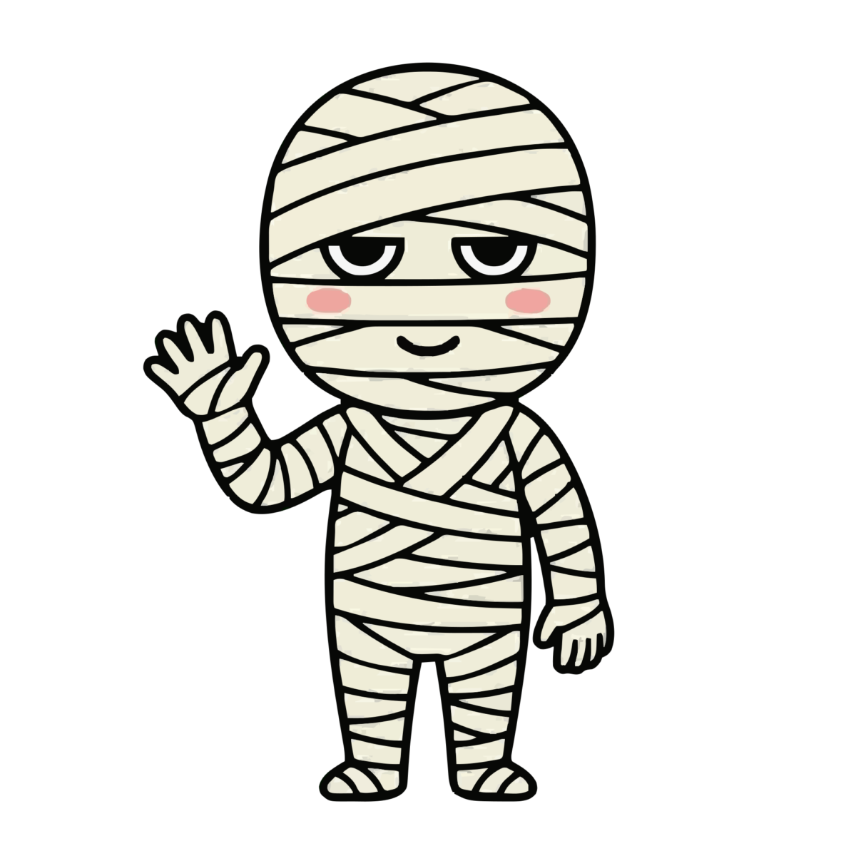 ミイラが手をふっているところのかわいいイラスト(カラー)