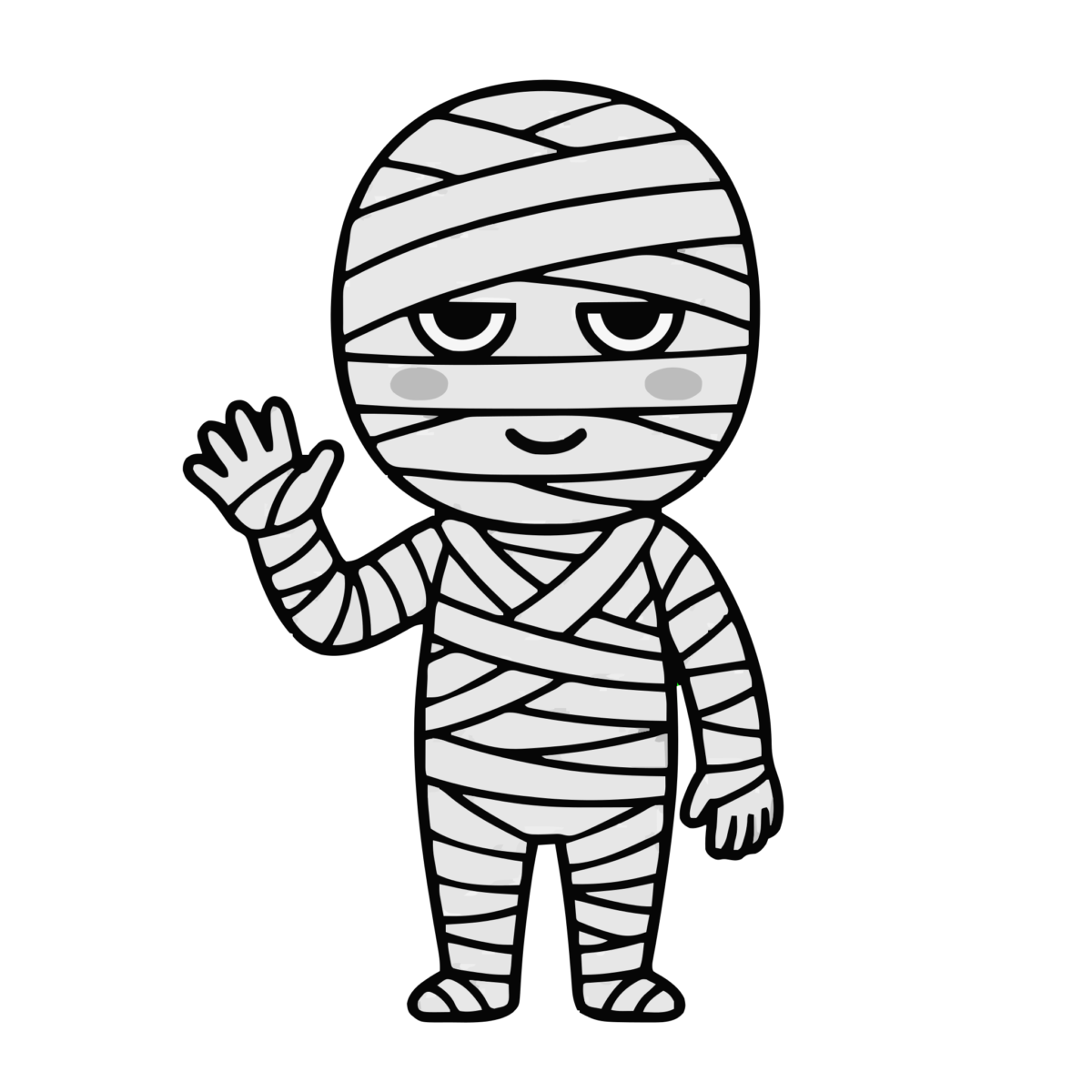 ミイラが手をふっているところのかわいいイラスト(モノクロ)