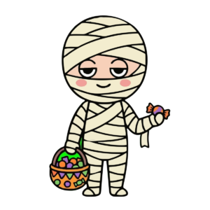 ミイラがお菓子をくばっているイラスト（カラー）