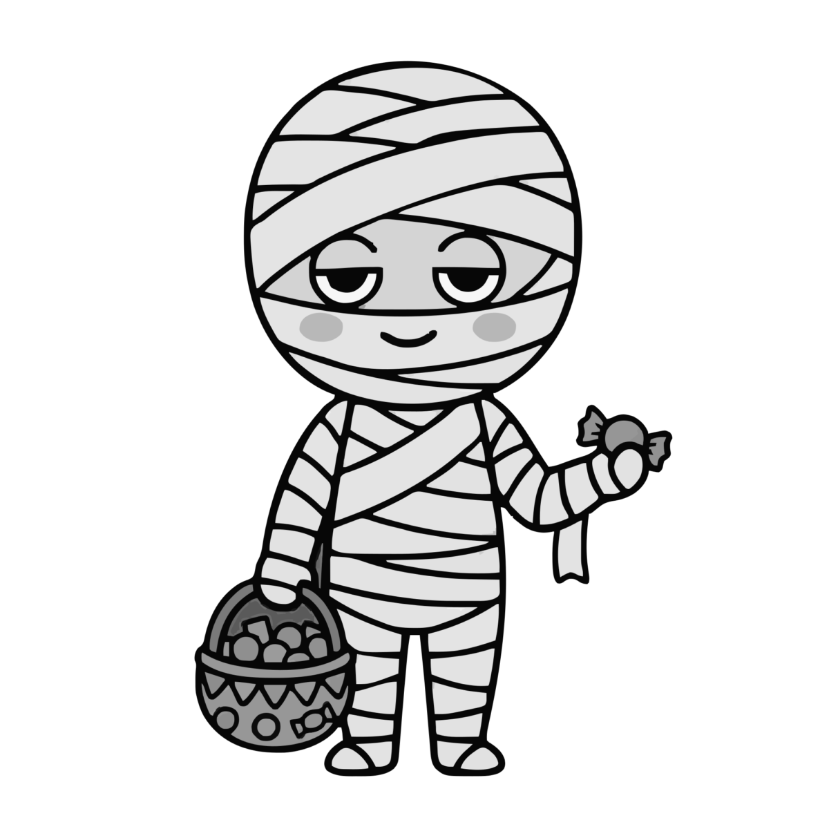 ミイラがお菓子をくばっているところのかわいいイラスト(モノクロ)