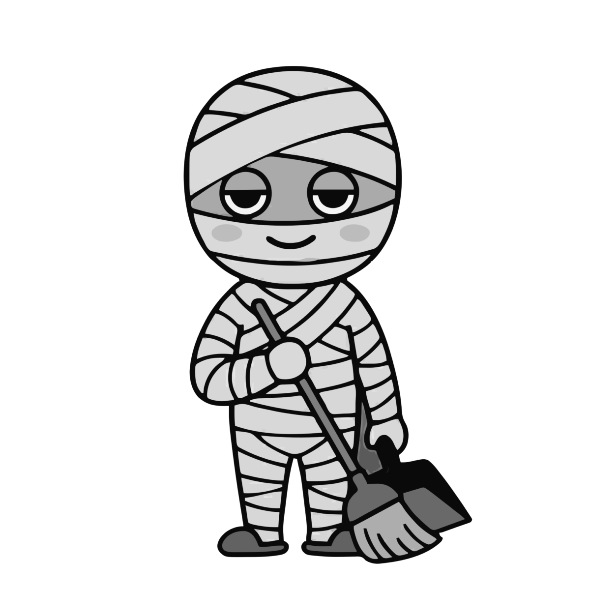 ミイラがそうじしているところのかわいいイラスト(モノクロ)