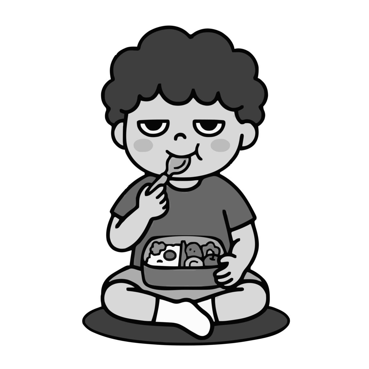 園児がおべんとうを食べているところのかわいいイラスト(モノクロ)