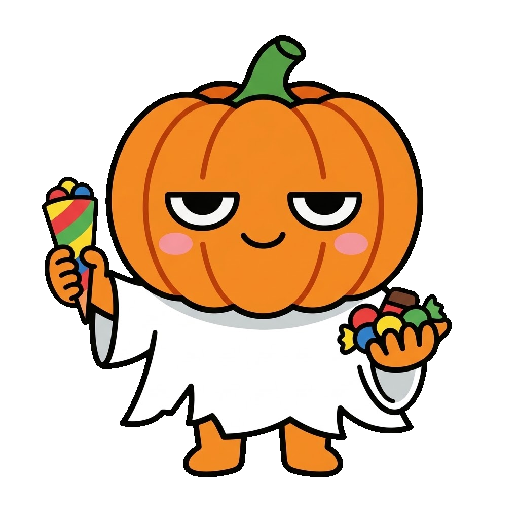 かぼちゃのおばけがお菓子をくばっているイラストのイラスト（カラー）
