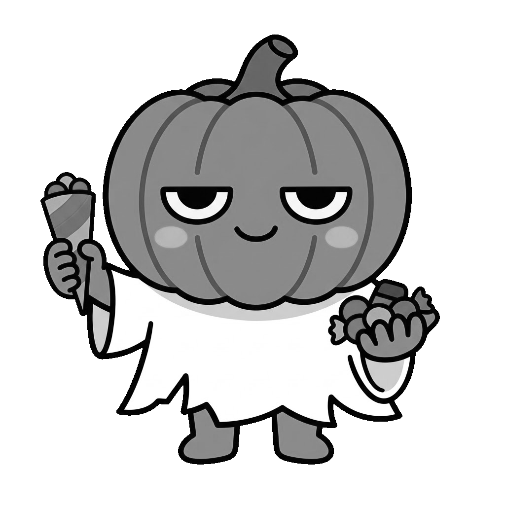 かぼちゃのおばけがお菓子をくばっているところのかわいいイラスト(モノクロ)
