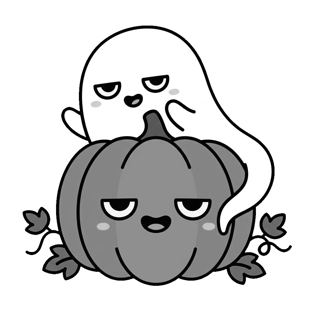 かぼちゃのおばけがかくれんぼしているところのかわいいイラスト（モノクロ）