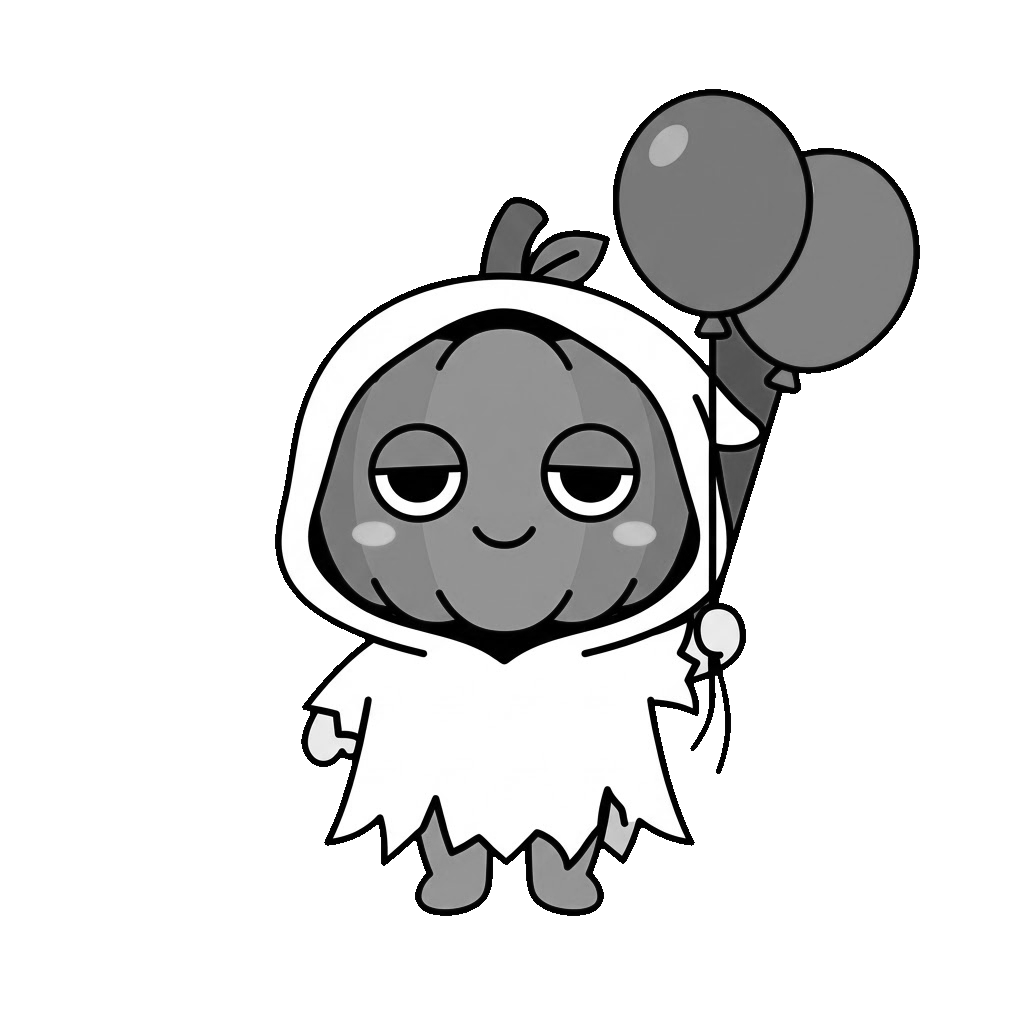 かぼちゃのおばけが風船を持っているところのかわいいイラスト(モノクロ)