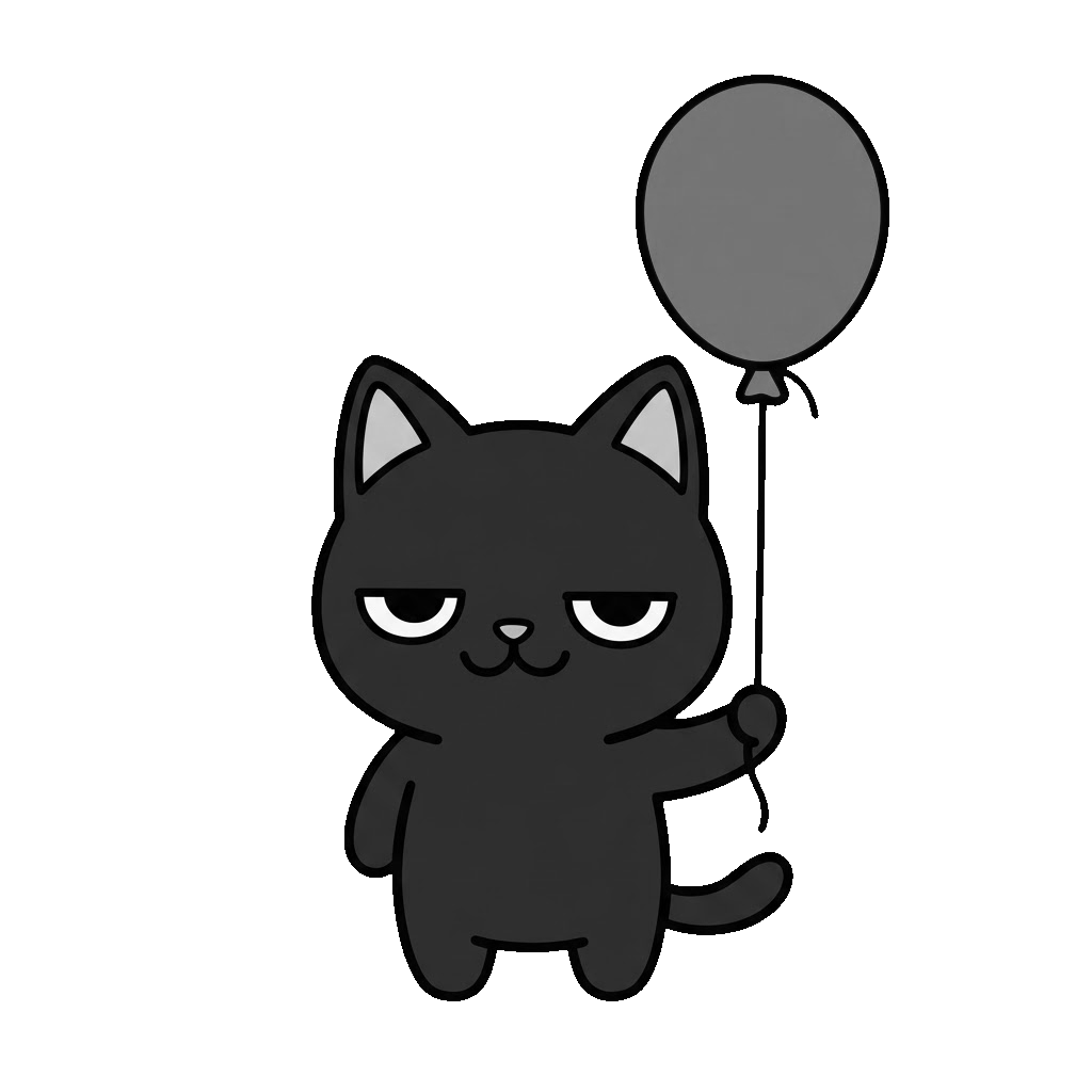黒猫が風船を持っているところのかわいいイラスト(モノクロ)