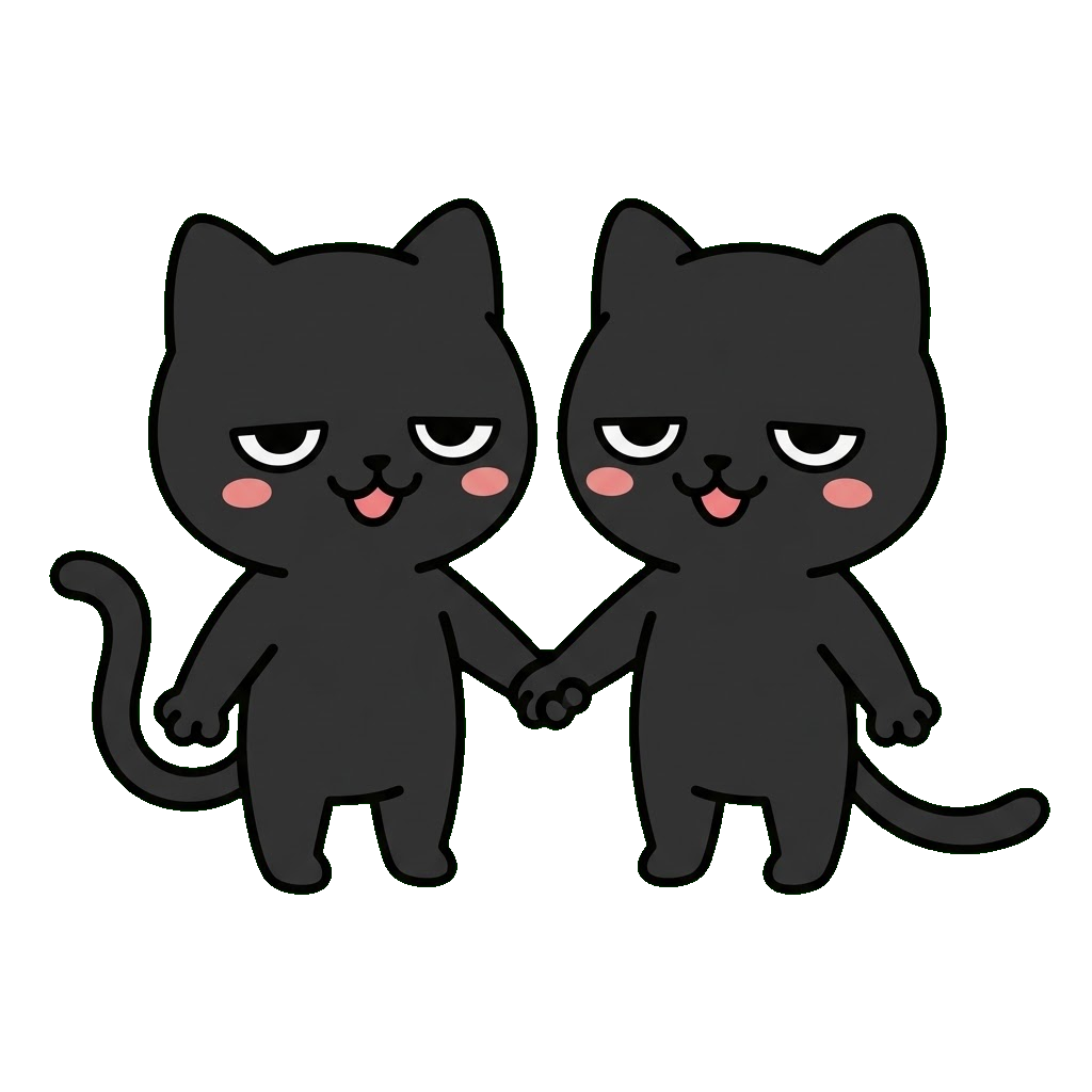 黒猫が手をつないでいるところのかわいいイラスト(カラー)
