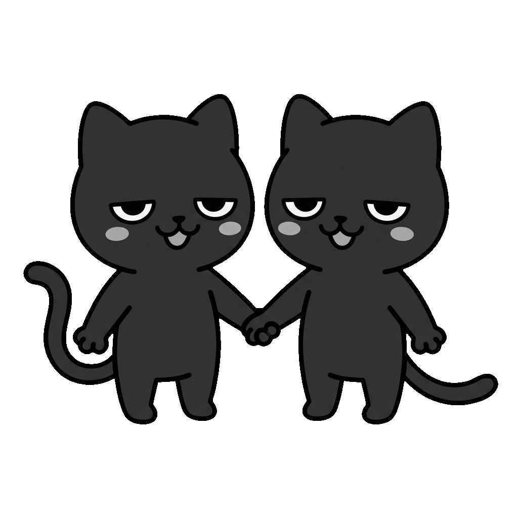 黒猫が手をつないでいるところのかわいいイラスト(モノクロ)