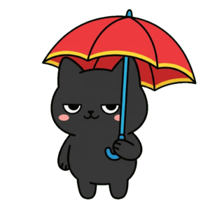 黒猫が傘をさしているイラストのイラスト（カラー）