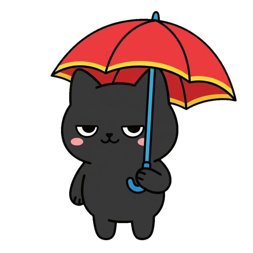 黒猫が傘をさしているところのかわいいイラスト(カラー)
