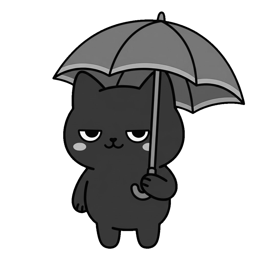 黒猫が傘をさしているところのかわいいイラスト(モノクロ)