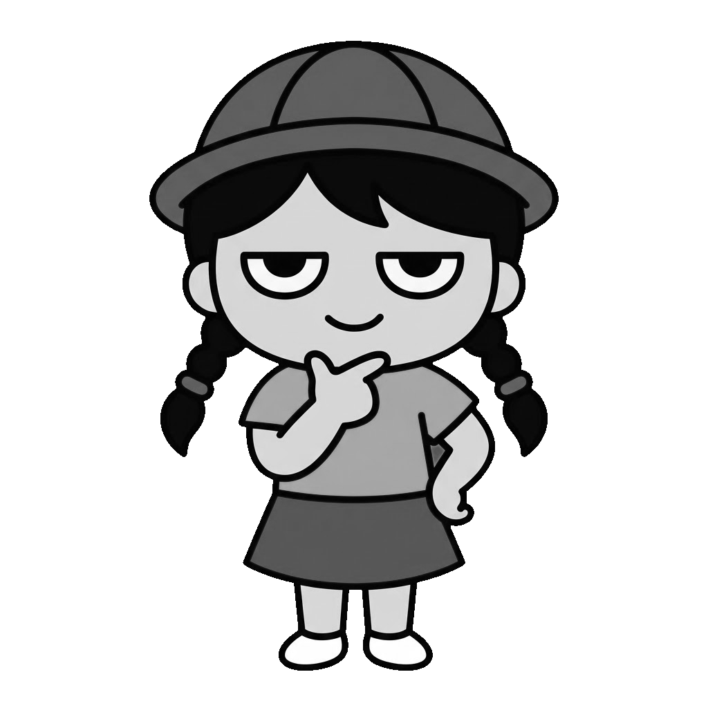 園児が考えこんでいるところのかわいいイラスト（モノクロ）