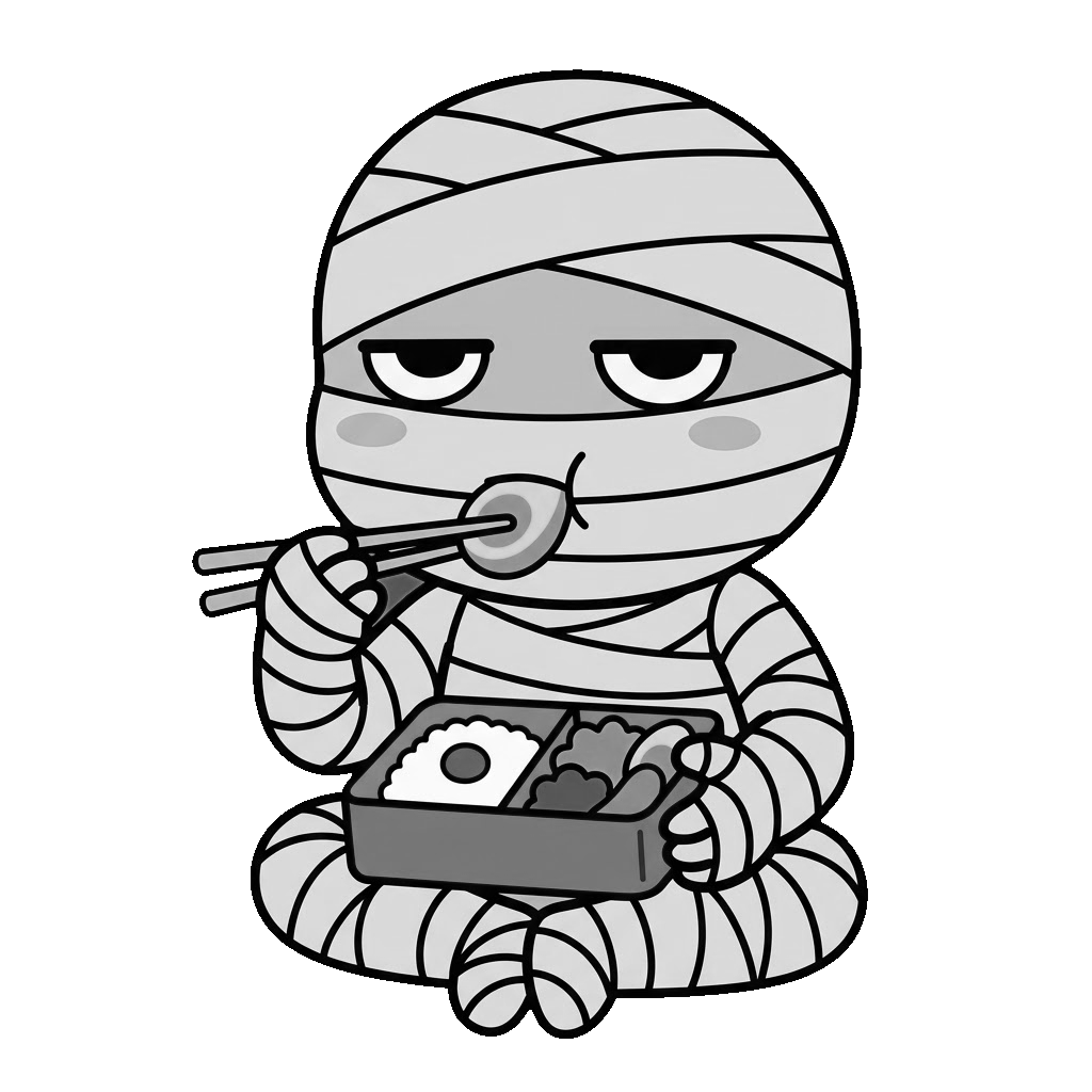 ミイラがおべんとうを食べているところのかわいいイラスト（モノクロ）