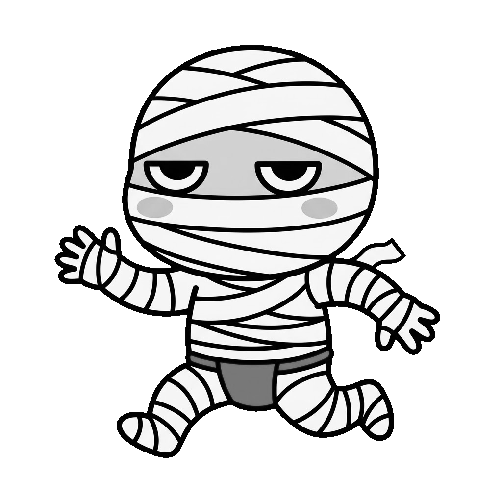 ミイラが走っているところのかわいいイラスト(モノクロ)