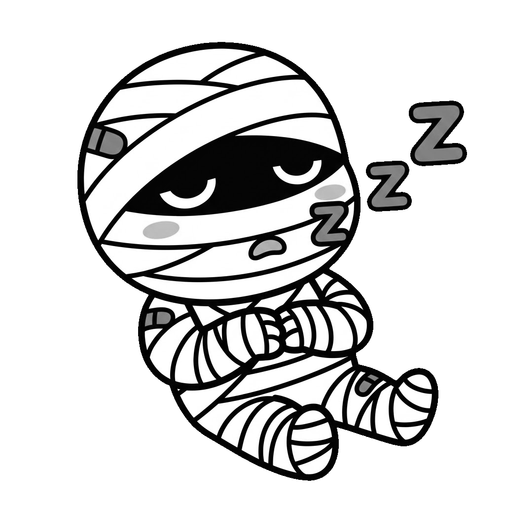 ミイラがねむっているところのかわいいイラスト（モノクロ）