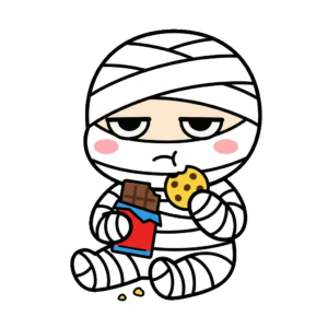 ミイラがおやつを食べているイラストのイラスト（カラー）