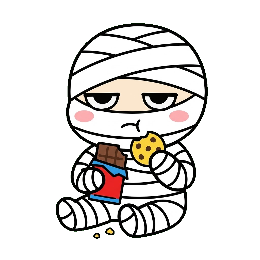 ミイラがおやつを食べているところのかわいいイラスト(カラー)