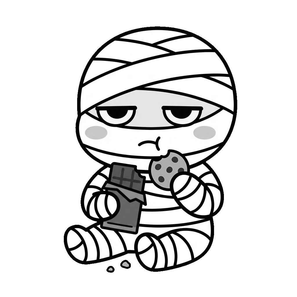 ミイラがおやつを食べているところのかわいいイラスト(モノクロ)