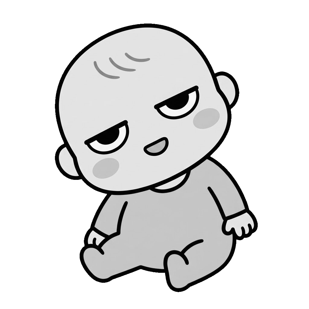 赤ちゃんが首をかしげているところのかわいいイラスト(モノクロ)