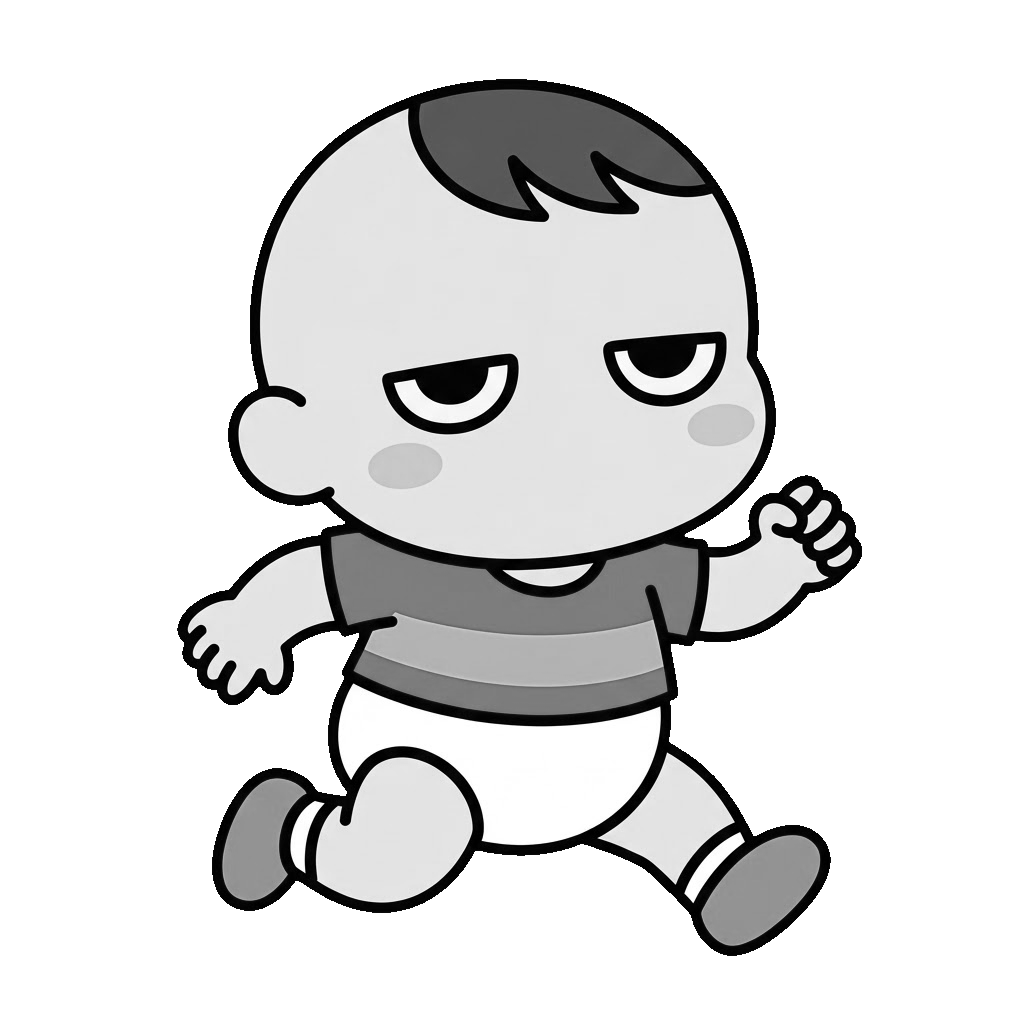 赤ちゃんが走っているところのかわいいイラスト(モノクロ)