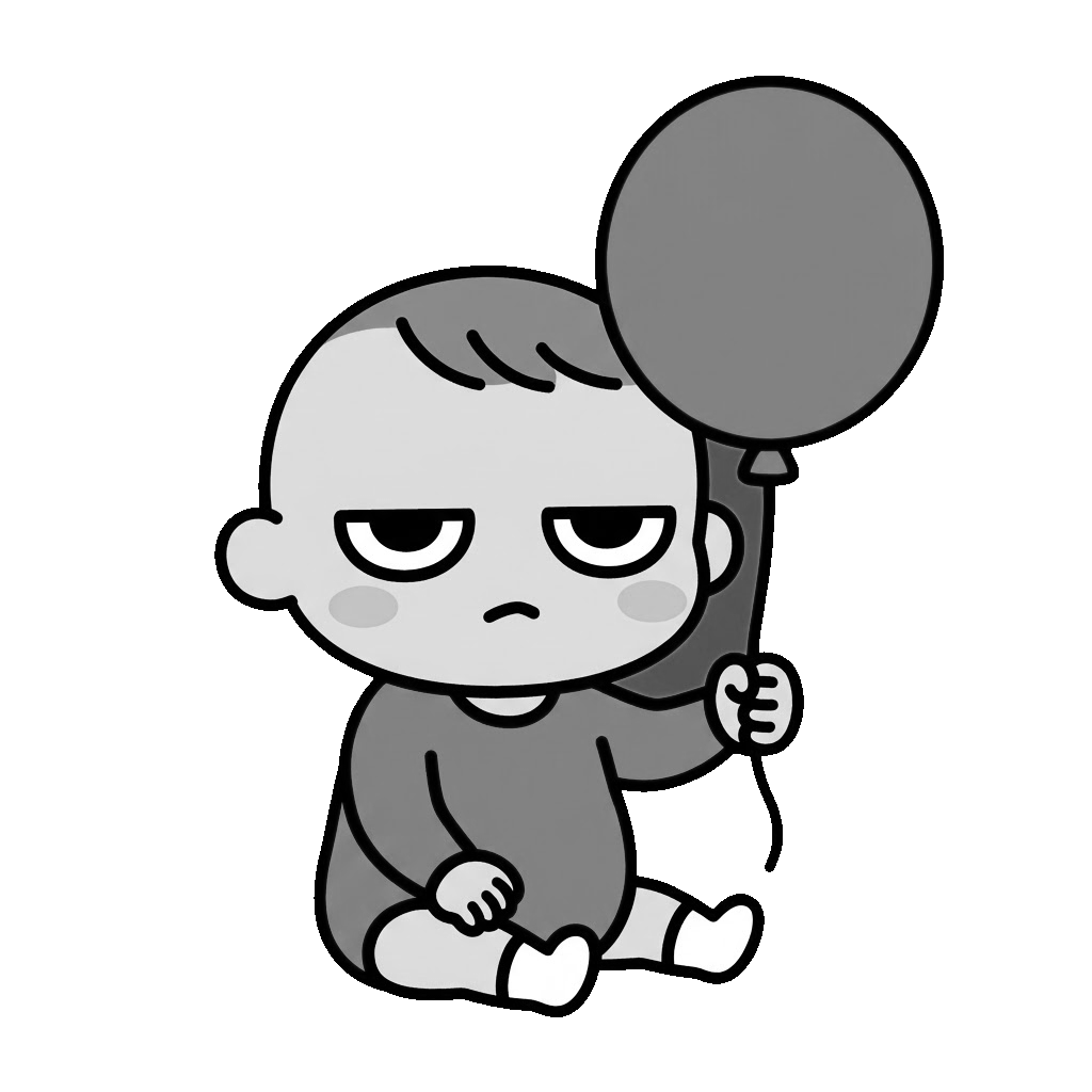 赤ちゃんが風船を持っているところのかわいいイラスト(モノクロ)