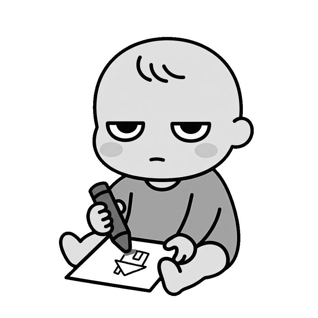 赤ちゃんが絵をかいているところのかわいいイラスト(モノクロ)