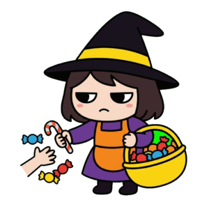 魔女がお菓子をくばっているイラストのイラスト（カラー）