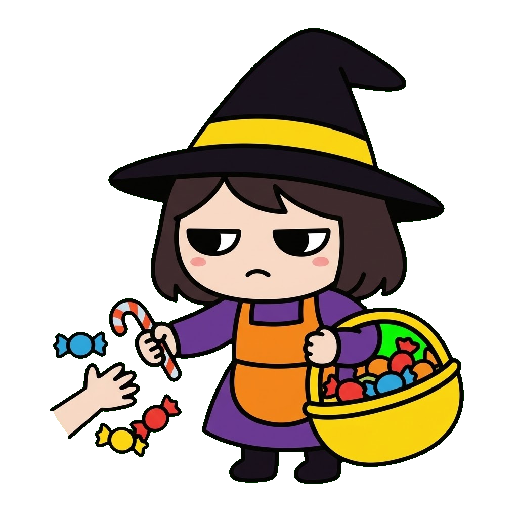 魔女がお菓子をくばっているイラストのイラスト（カラー）