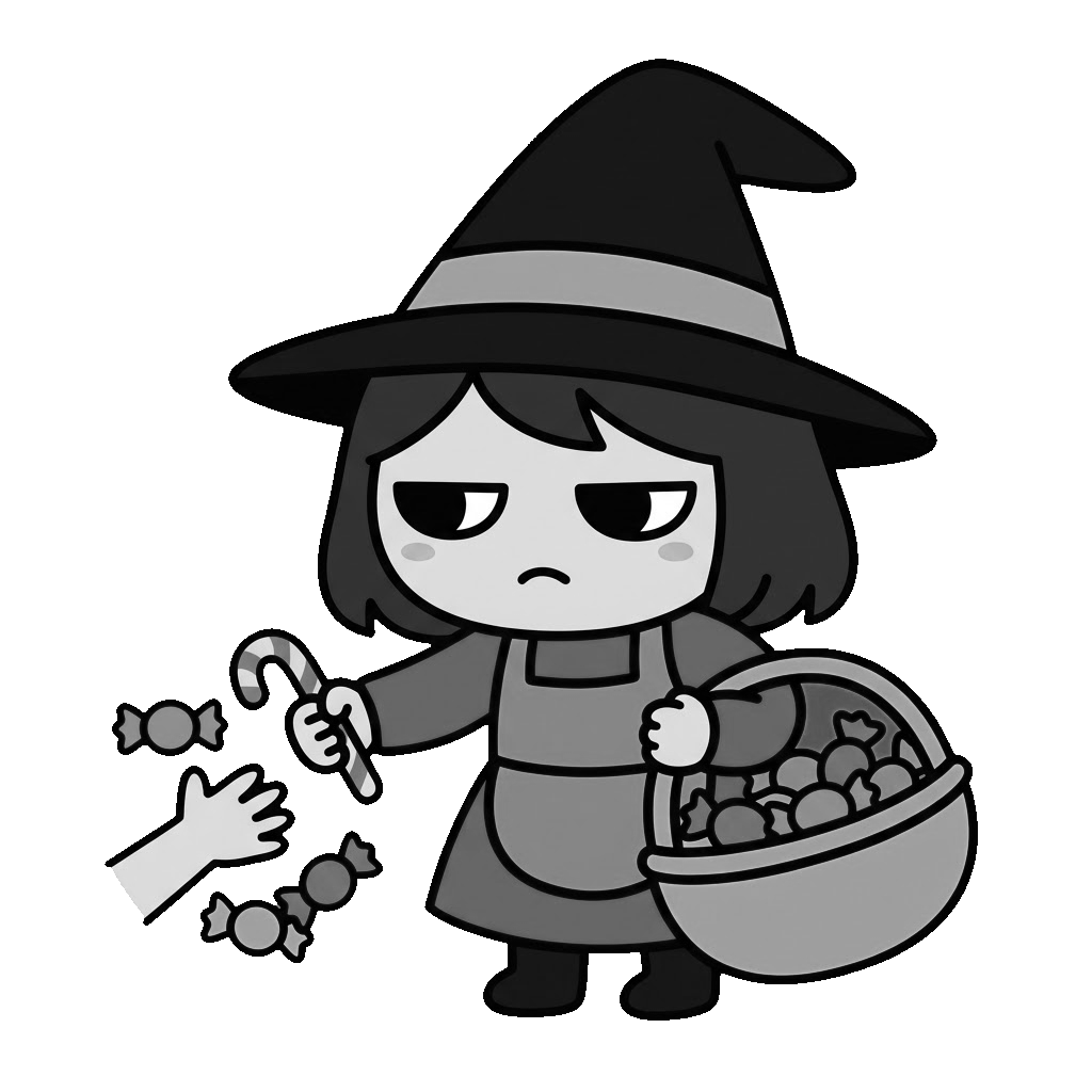 魔女がお菓子をくばっているところのかわいいイラスト(モノクロ)