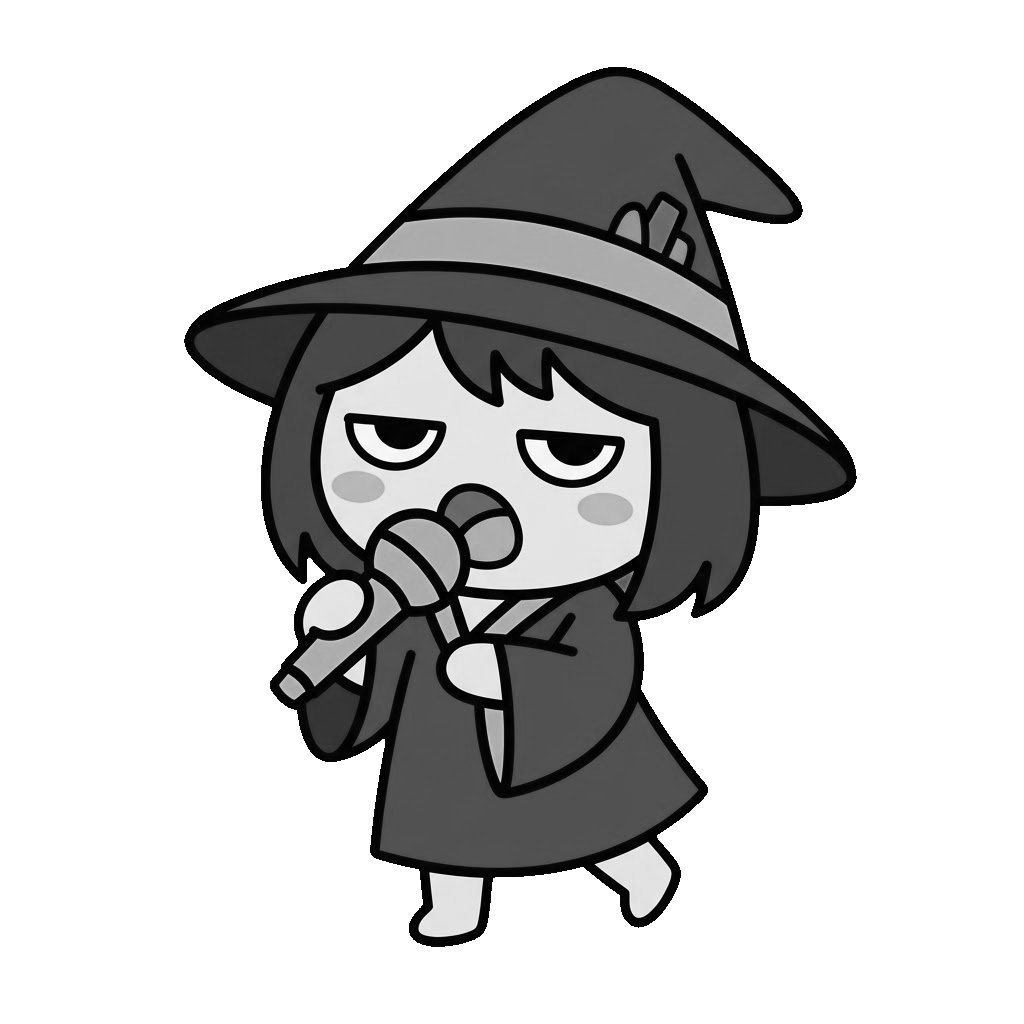 魔女がうたっているところのかわいいイラスト(モノクロ)
