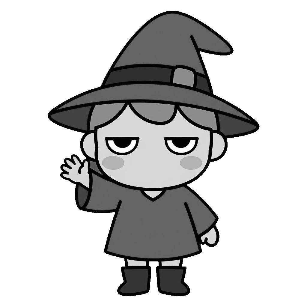 魔女が手をふっているところのかわいいイラスト(モノクロ)