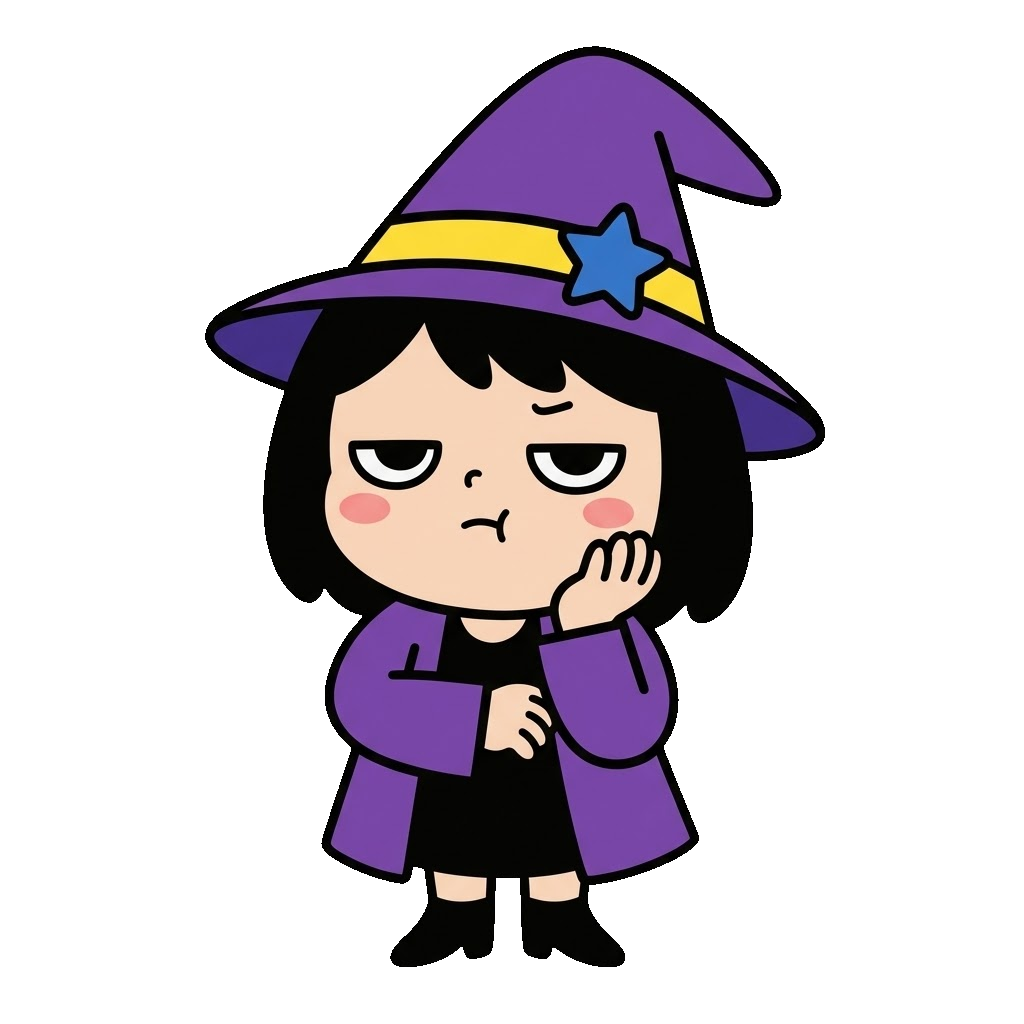 魔女が考えこんでいるイラストのイラスト（カラー）