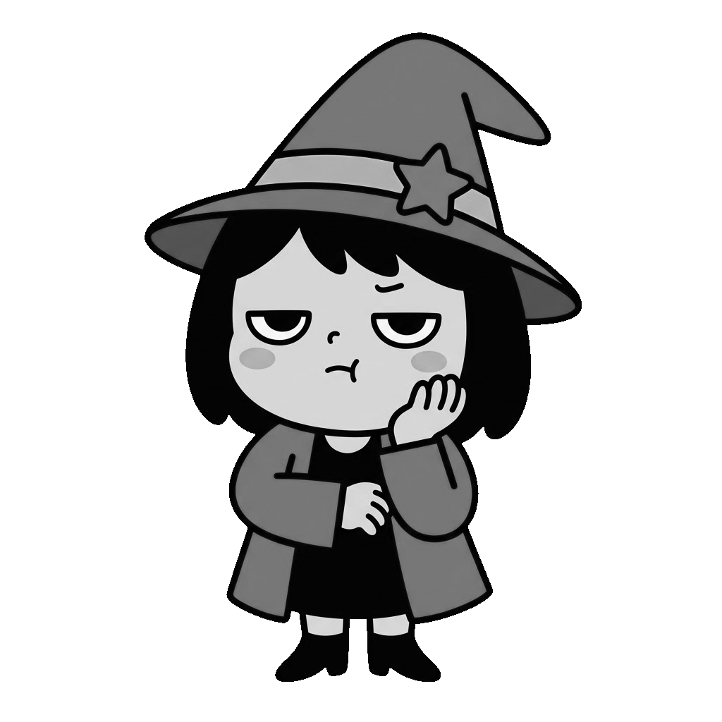 魔女が考えこんでいるところのかわいいイラスト（モノクロ）