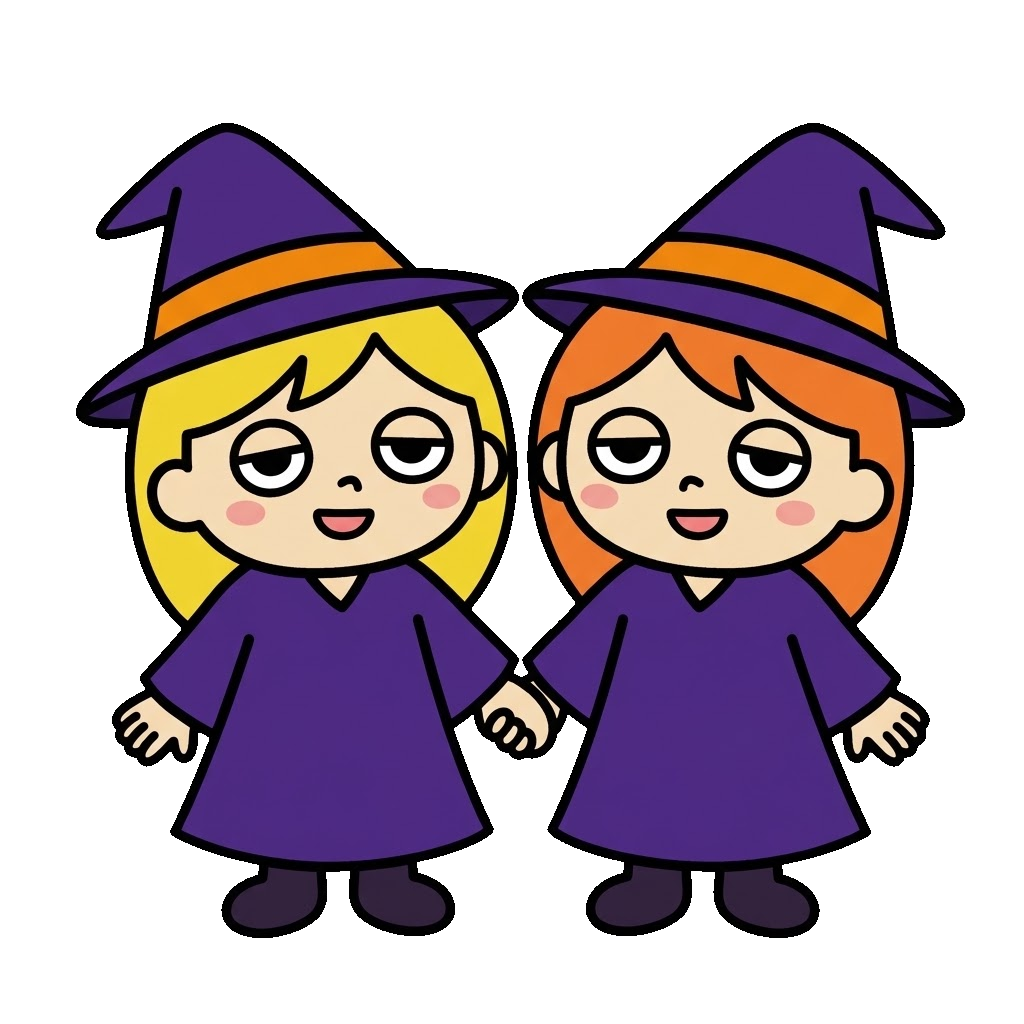 魔女が手をつないでいるイラストのイラスト（カラー）